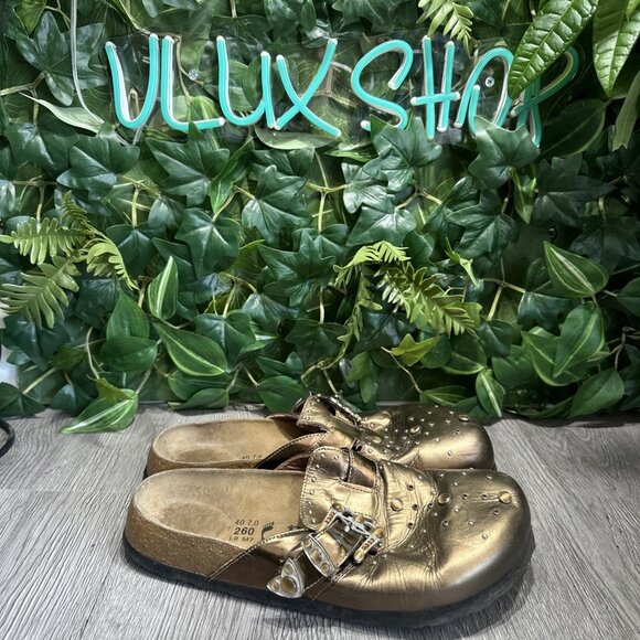Birkenstock Betula Boston Clogs Rocko Gold Leather Buckle Rhinestones Sz 9 - Picture 1 of 9